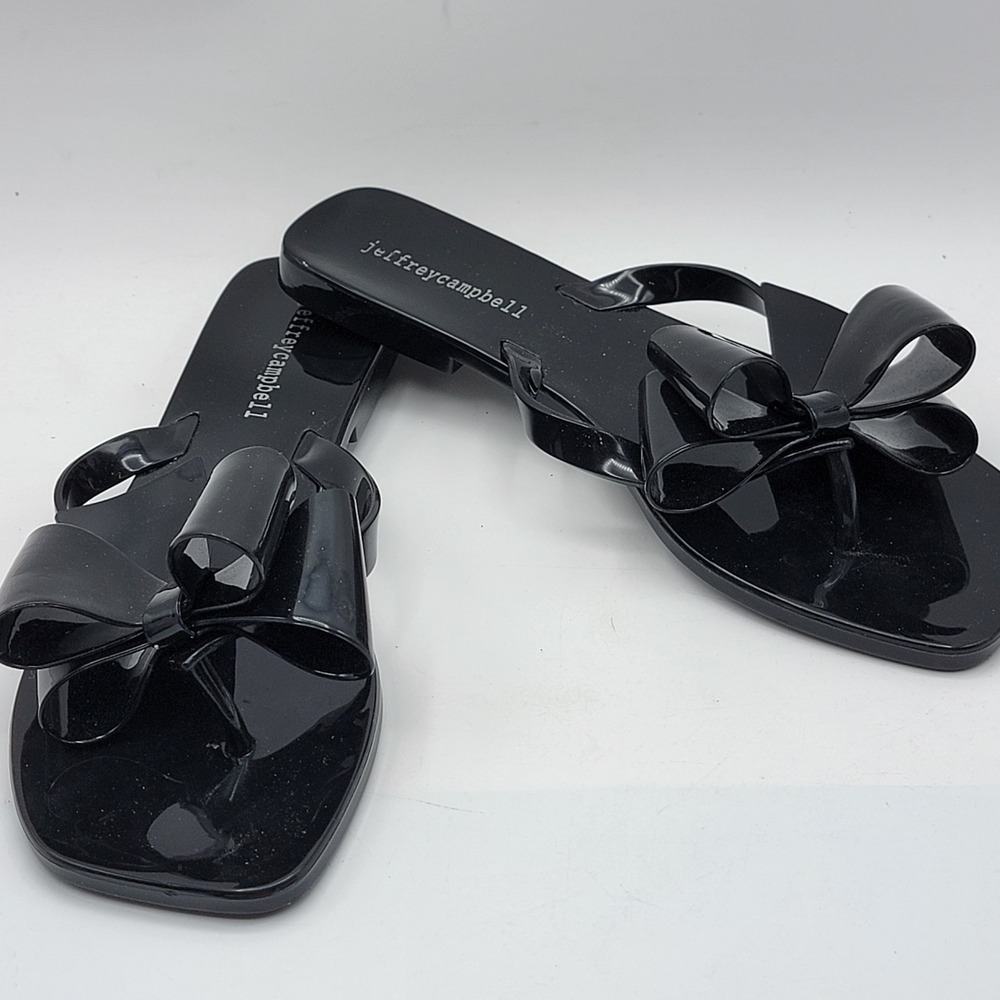 Jeffrey Campbell Black Jelly Bow Flip Flop Sandals Square Toe Size 8 EUR 39